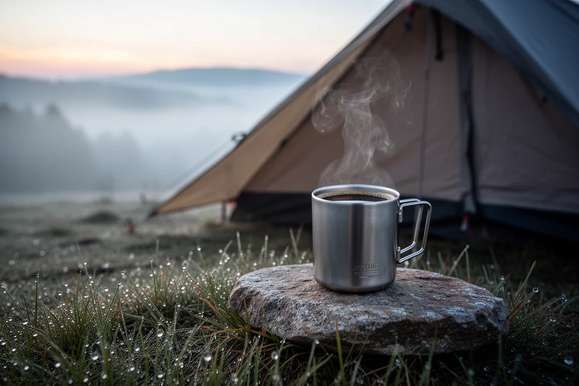 Steam rising from a titanium mug at a campsite in early morning light