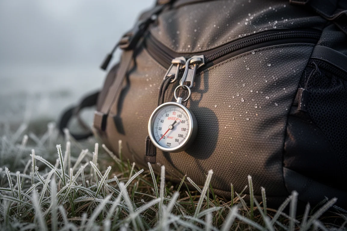 Small dial thermometer clipped to a backpack zipper pull on frosty grass