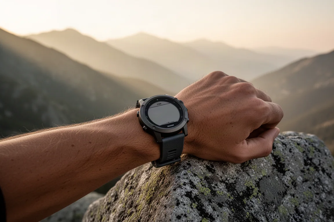 Hiker's wrist wearing a rugged GPS watch against a mountain ridge at sunset