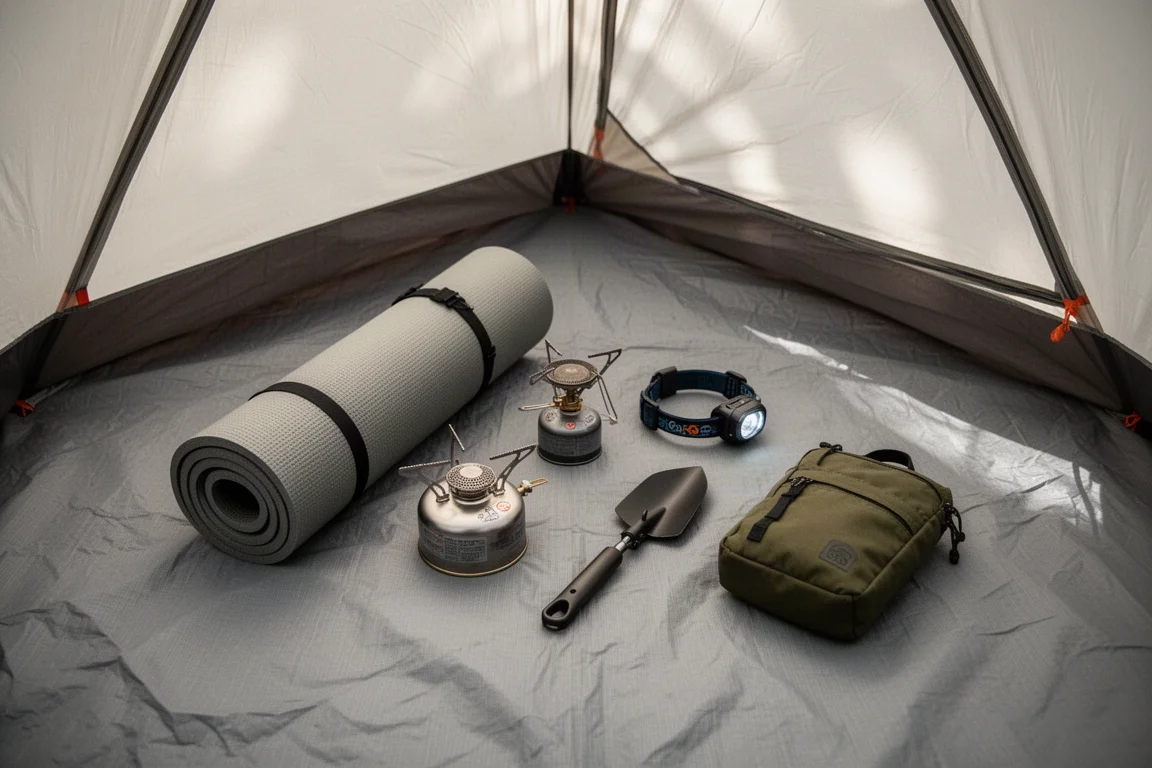 Overhead view of backpacking gear laid out on a tent floor while packing