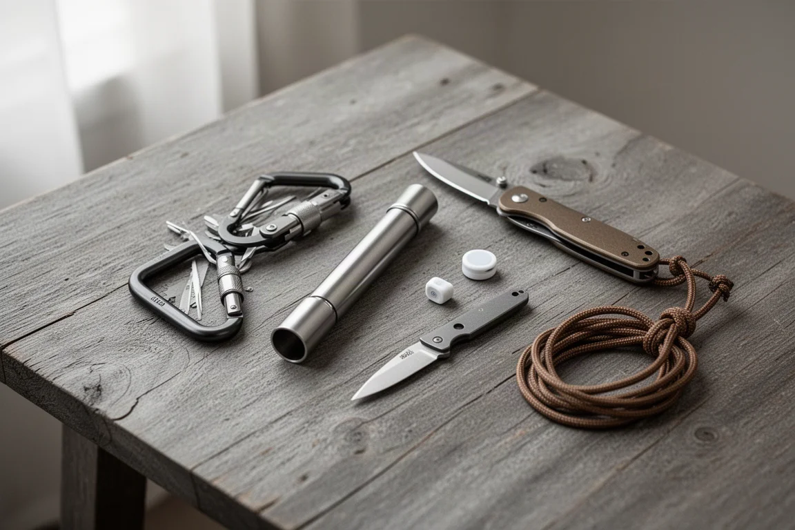 Vista superior de pequenos gadgets de mochilão dispostos sobre uma mesa de madeira desgastada