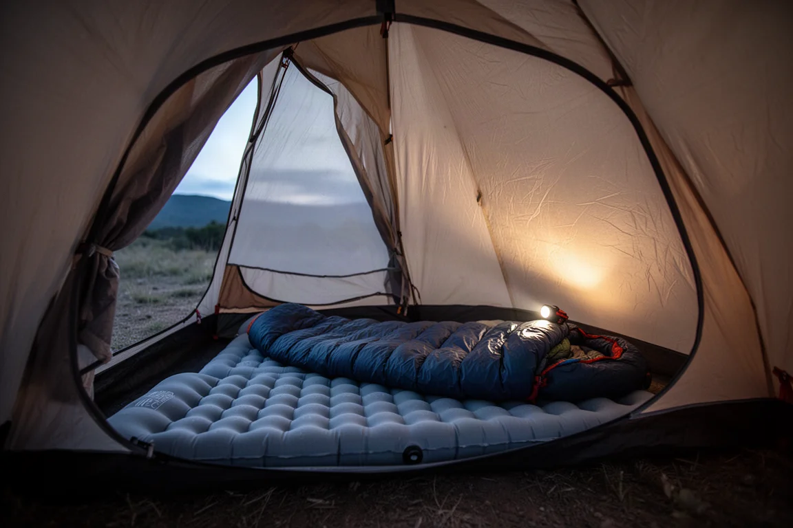 Interior de barraca de mochilão ao anoitecer com isolante inflável e saco de dormir