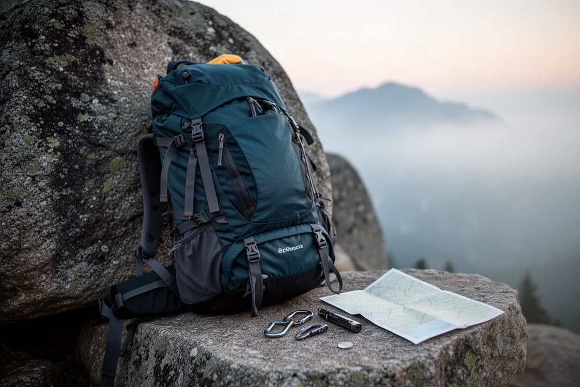 Mochila de trilha carregada apoiada numa pedra com pequenos equipamentos dispostos ao amanhecer