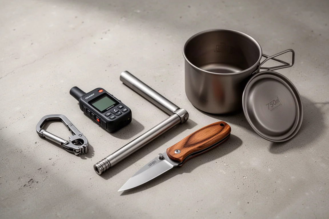 Backpacking gadgets including a carabiner multi-tool, satellite communicator, metal tube, knife, and titanium pot