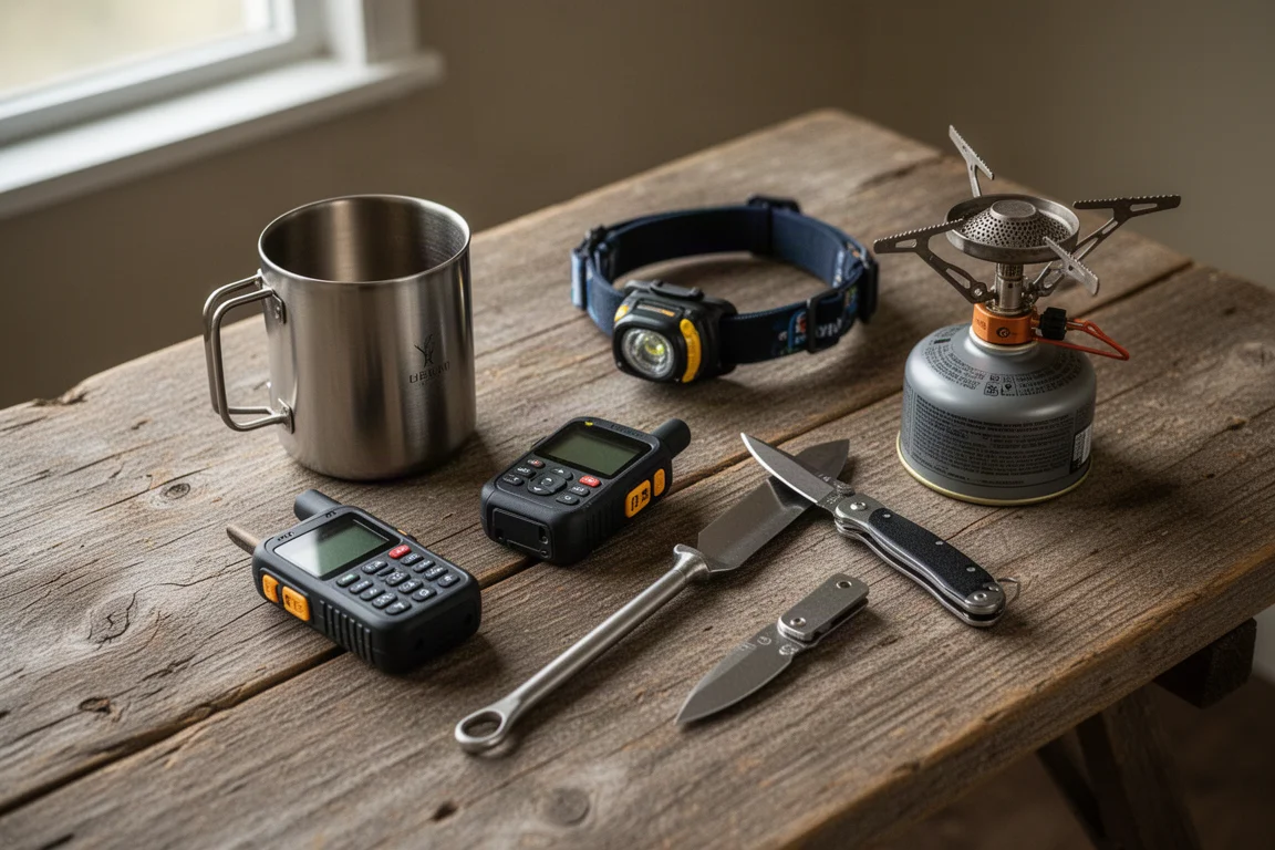Flat-lay of ultralight backpacking gadgets including mug, communicator, headlamp, trowel and stove