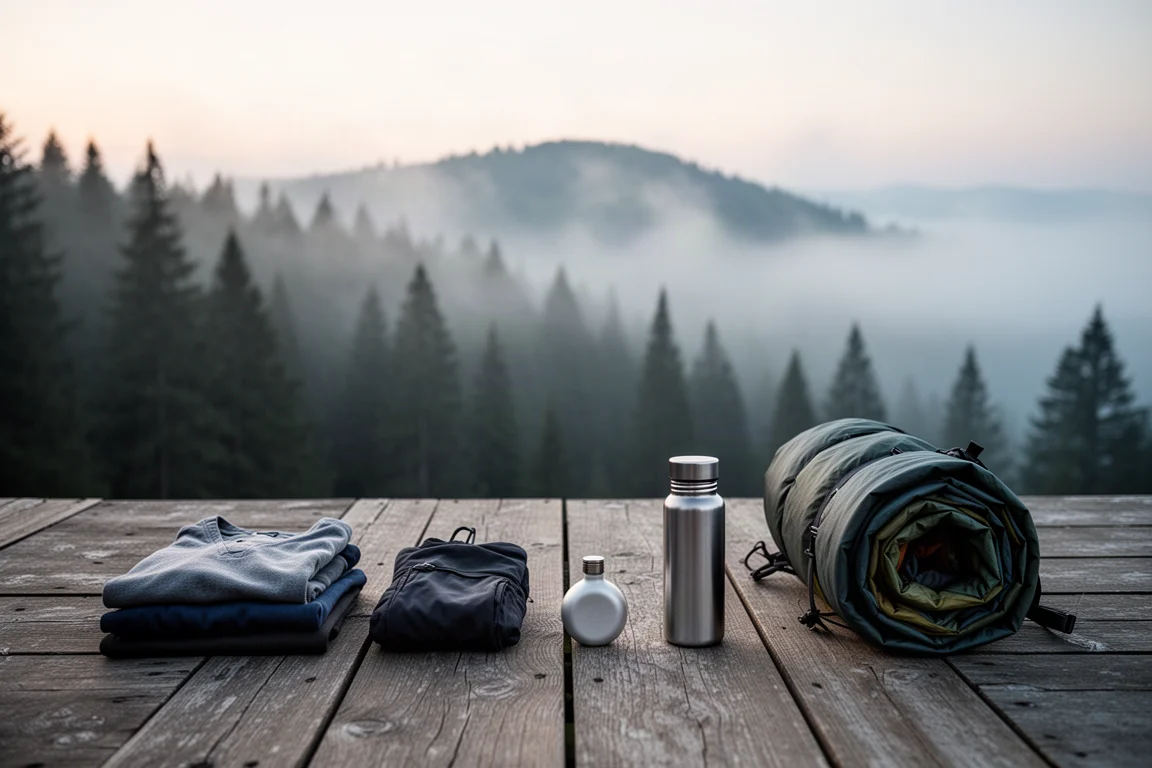 Trekking-Ausrüstung in Reihen auf einem Holzdeck im Morgengrauen mit nebligen Bergkämmen im Hintergrund