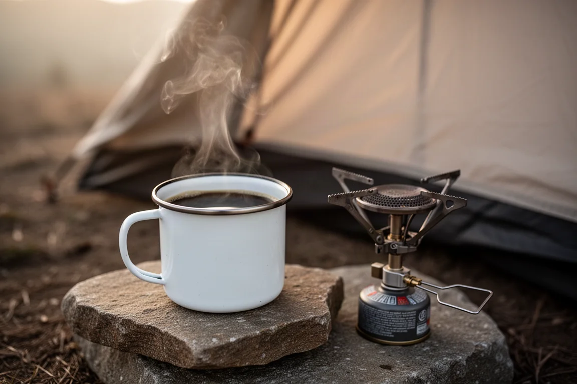 Emaille-Becher mit schwarzem Kaffee auf einem flachen Felsen neben einem kleinen Campingkocher im ersten Licht