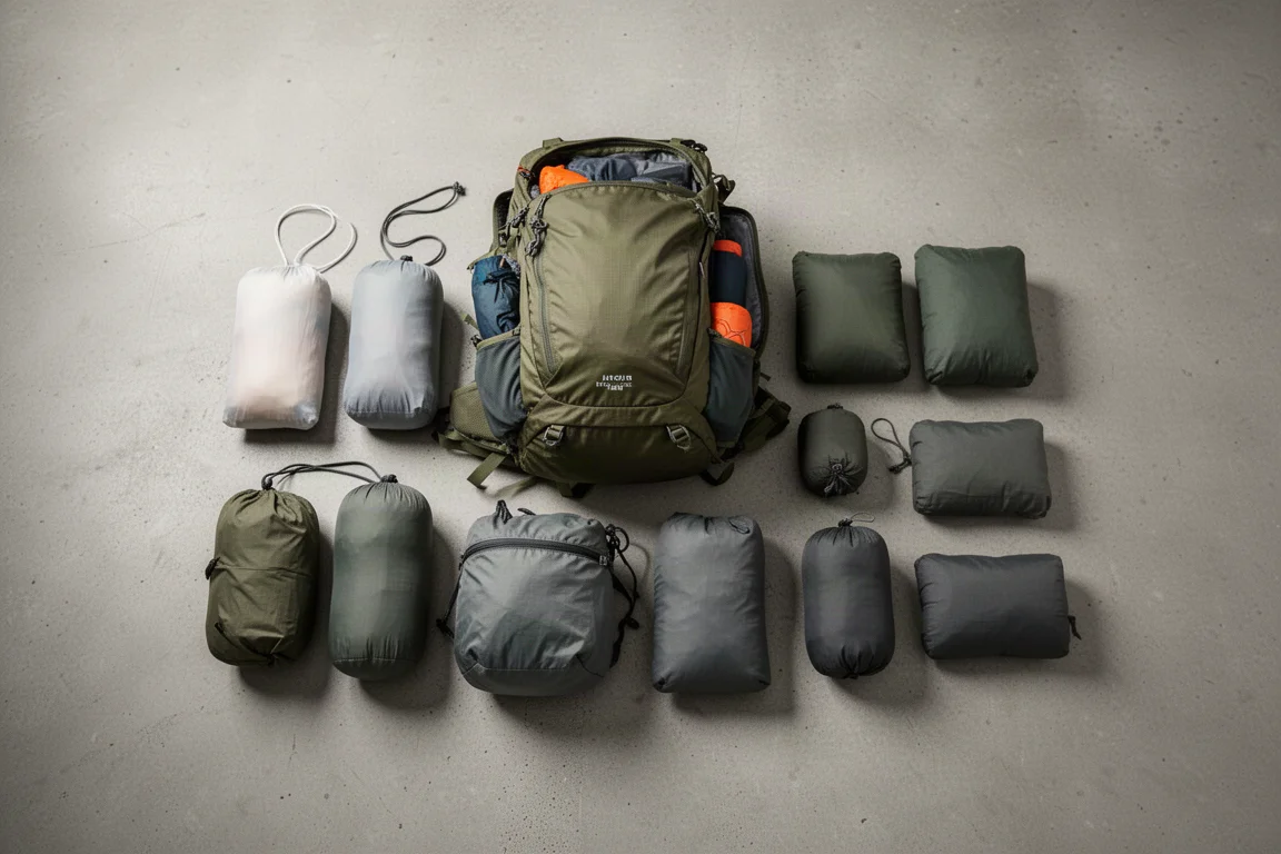 Draufsicht auf einen geöffneten ultraleichten Rucksack auf einem Betonboden mit sortierter Ausrüstung