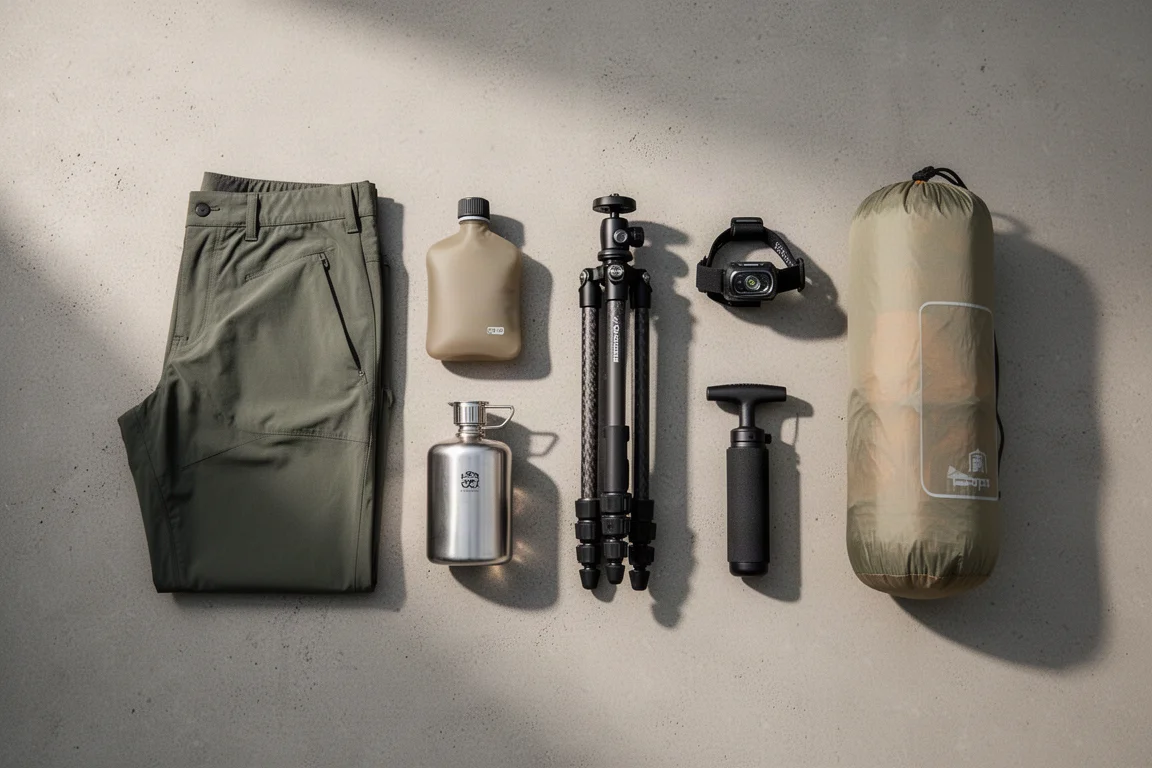 Flat-lay of ultralight backpacking gear including pants, flask, tripod, headlamp, and tent