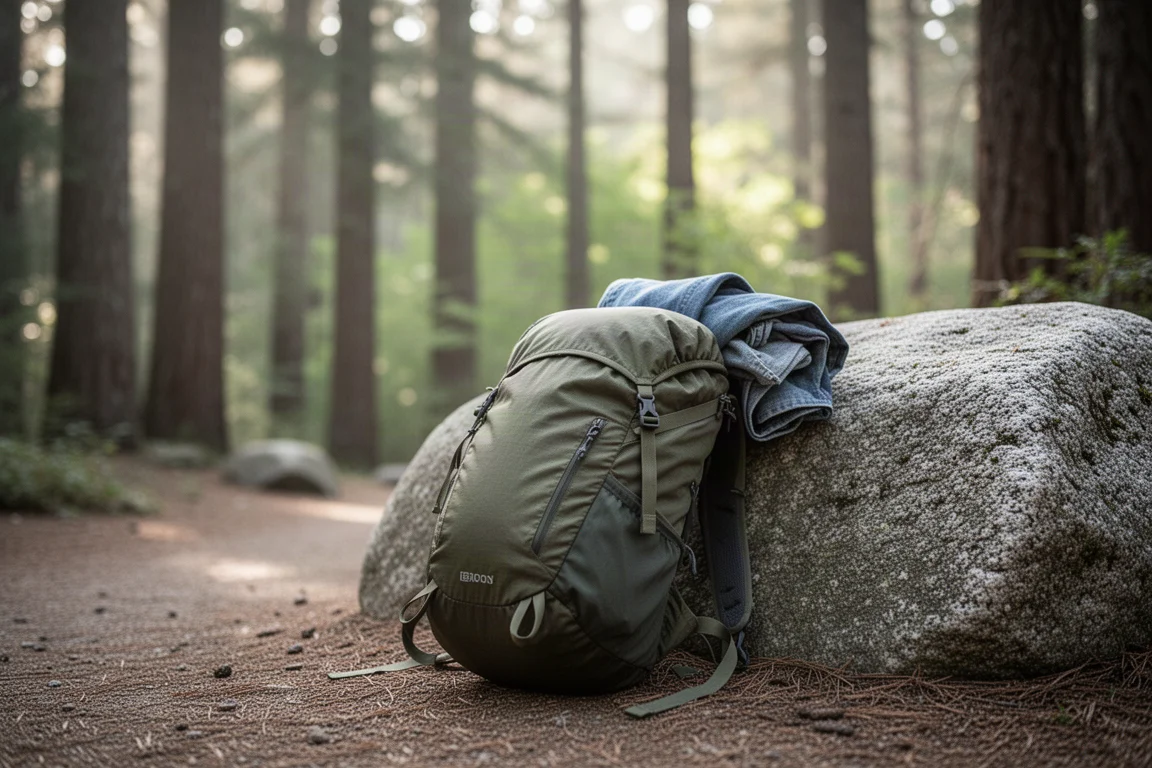 Pequeña mochila de día ultraligera apoyada contra una roca de granito en un sendero