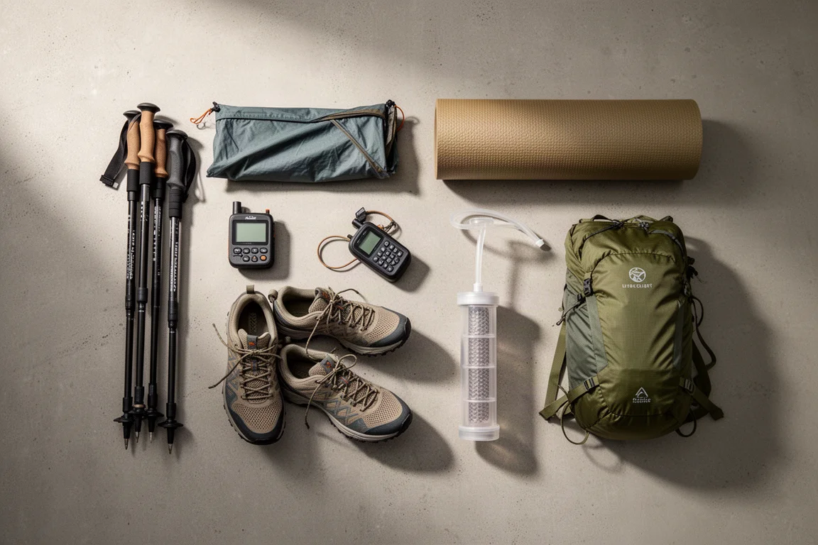 Overhead arrangement of backpacking gear including a shelter, satellite messenger, trail shoes and water filter