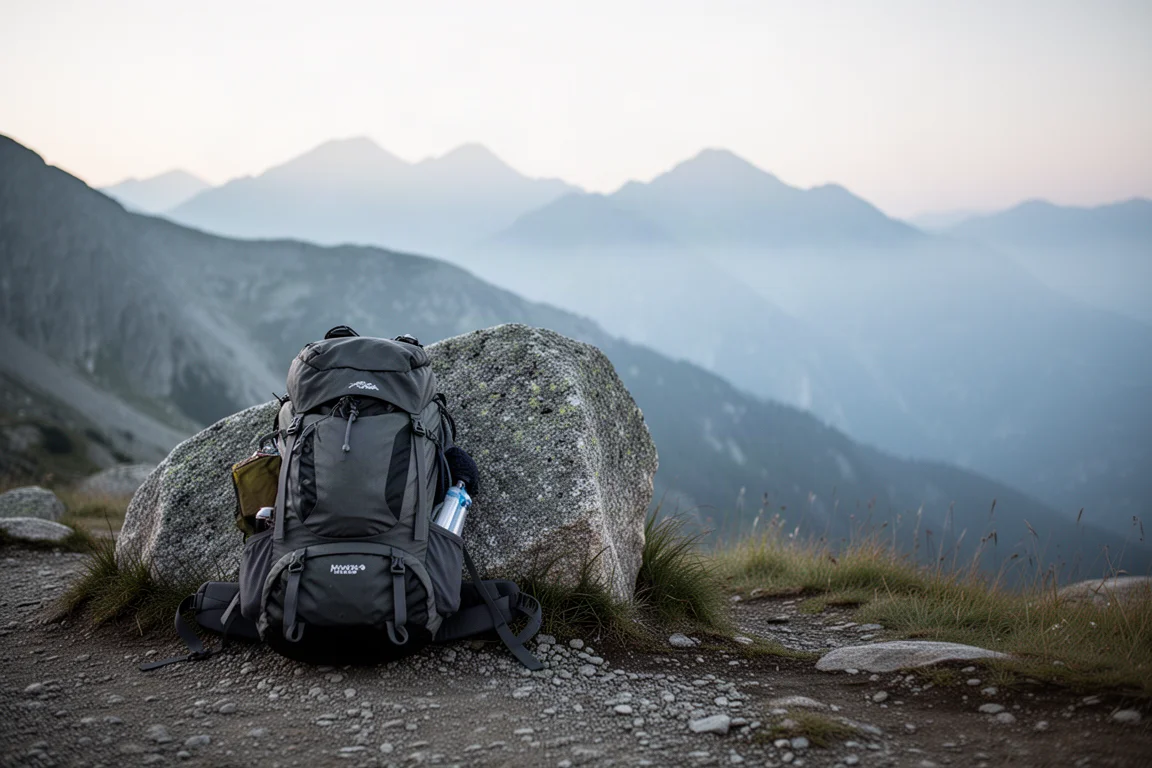 Volgepakte wandelrugzak leunend tegen een granieten rotsblok bij een bergtrailhead bij zonsopgang