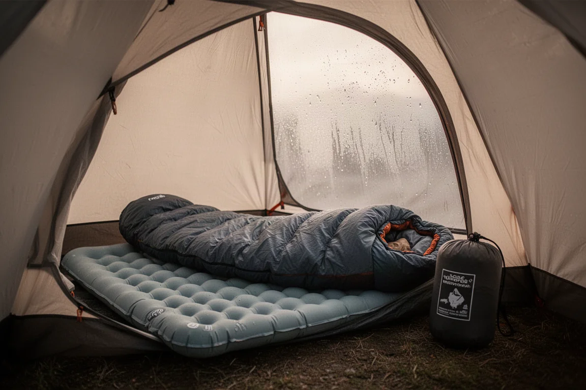 Slaapzak en slaapmatje opgezet in een kleine tent met condens op de wand bij zonsopgang