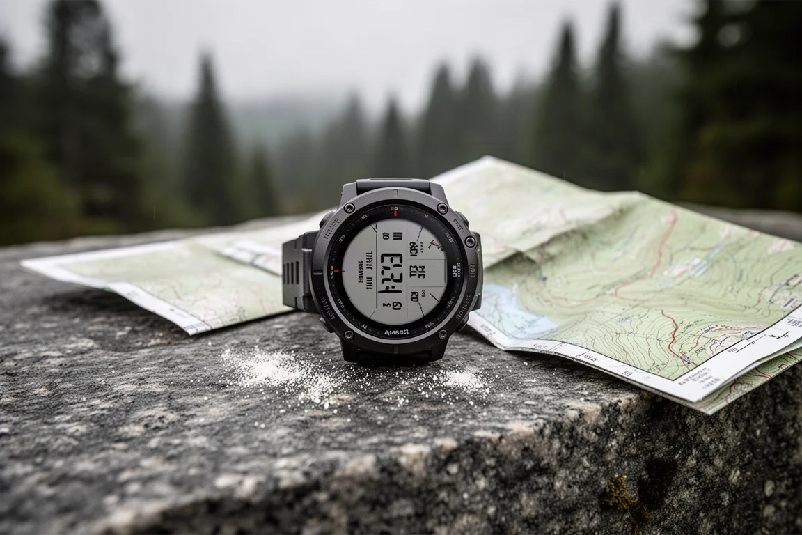 Robuust GPS-avonturenhorloge op een granieten plaat naast een opgevouwen topografische kaart