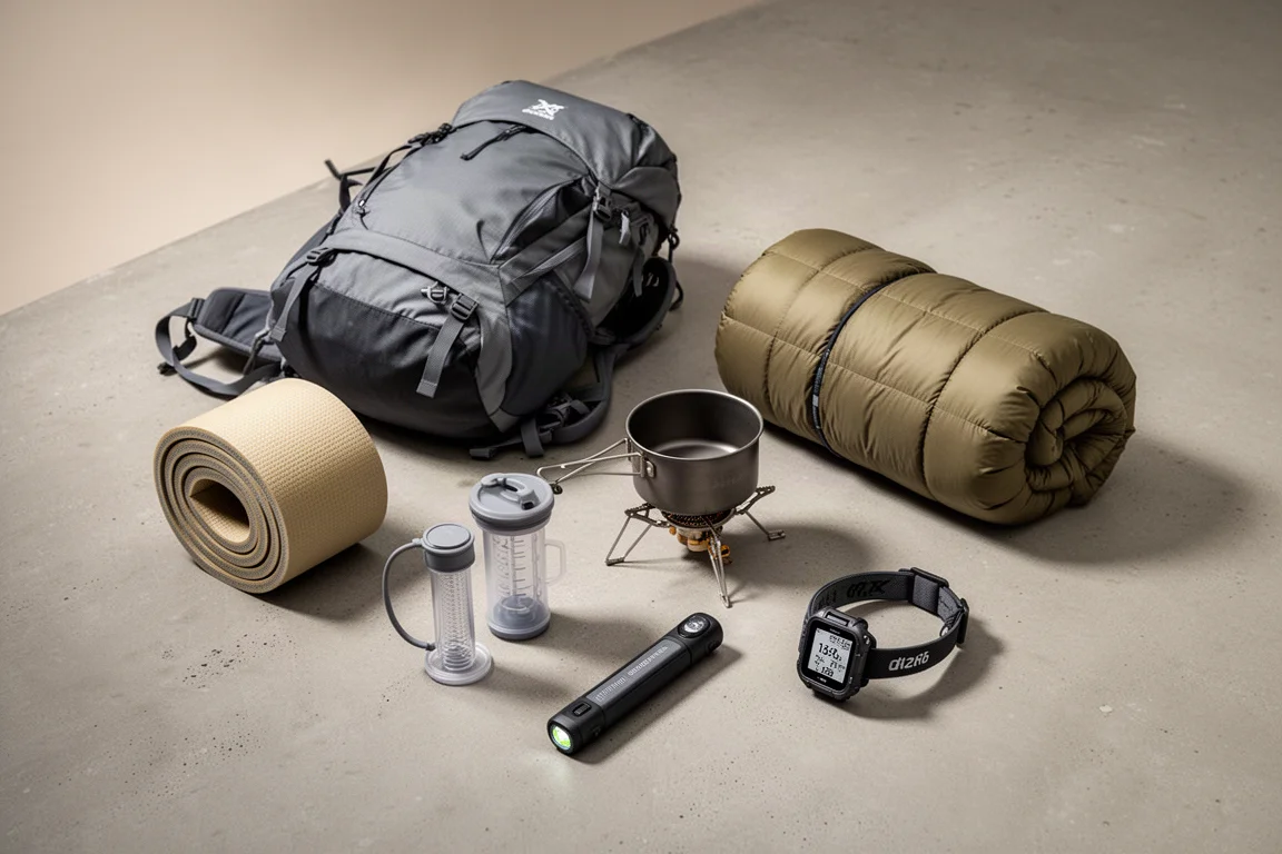 Backpacking gear arranged on a concrete surface including a pack, pad, quilt, stove, filter, and watch