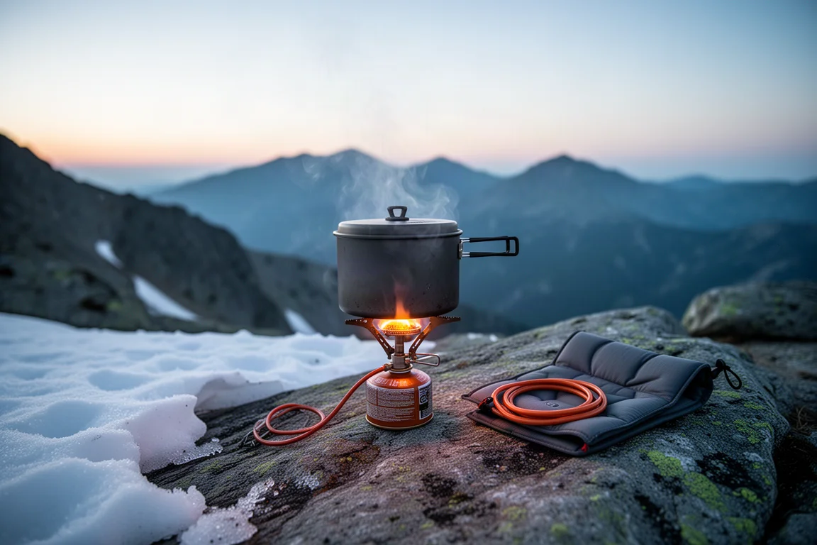Fornelletto da campeggio acceso all'alba su una cengia alpina innevata con una pentola fumante