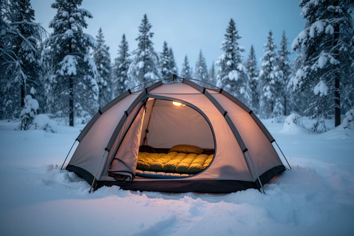 Tenda illuminata sulla neve al crepuscolo con un materassino visibile all'interno