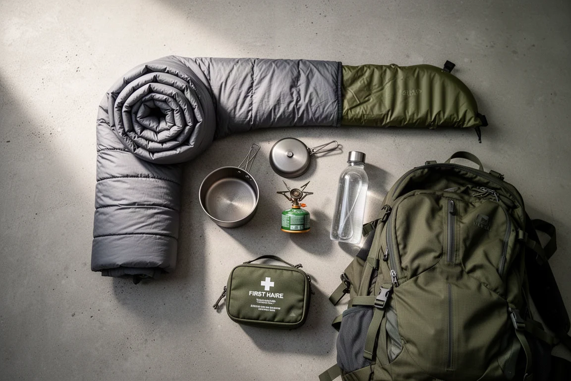Flat lay dall'alto di attrezzatura da backpacking disposta attorno a uno zaino aperto