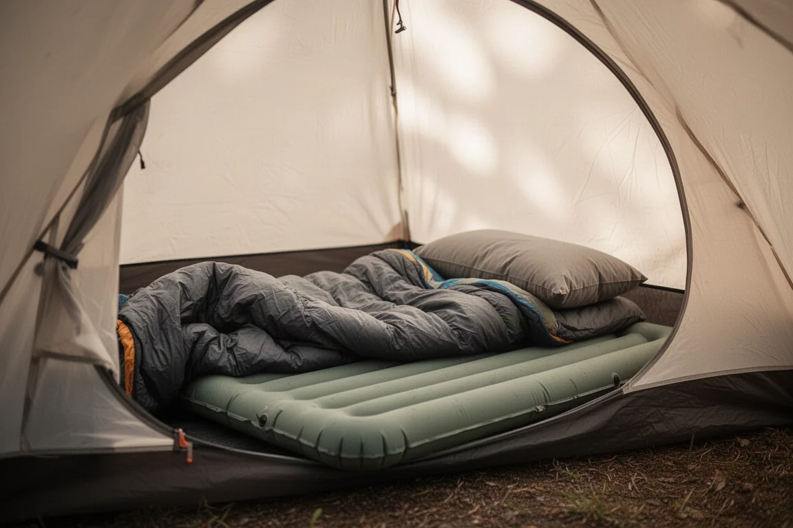 Ultralight-Quilt über einer Isomatte in einem dämmrigen Zelt bei Nacht