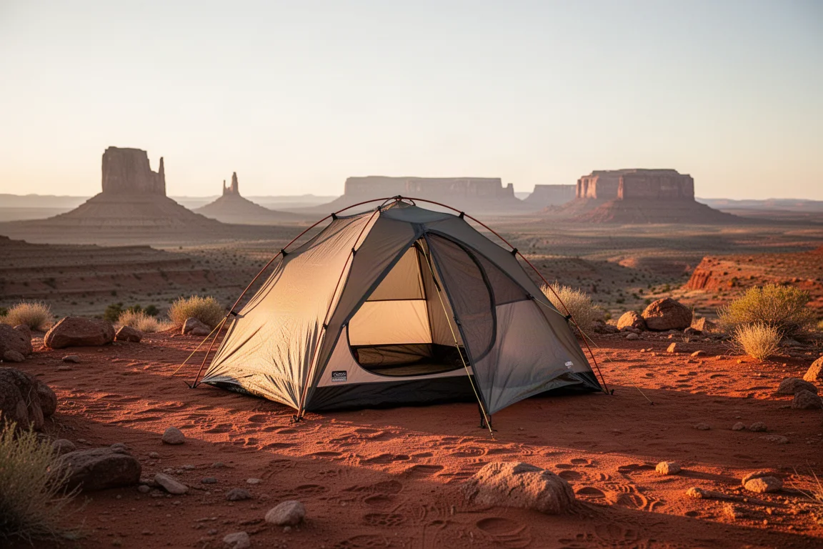 Titan-Alkoholstove brennt in einem Windschutz an einem felsigen Morgencamp