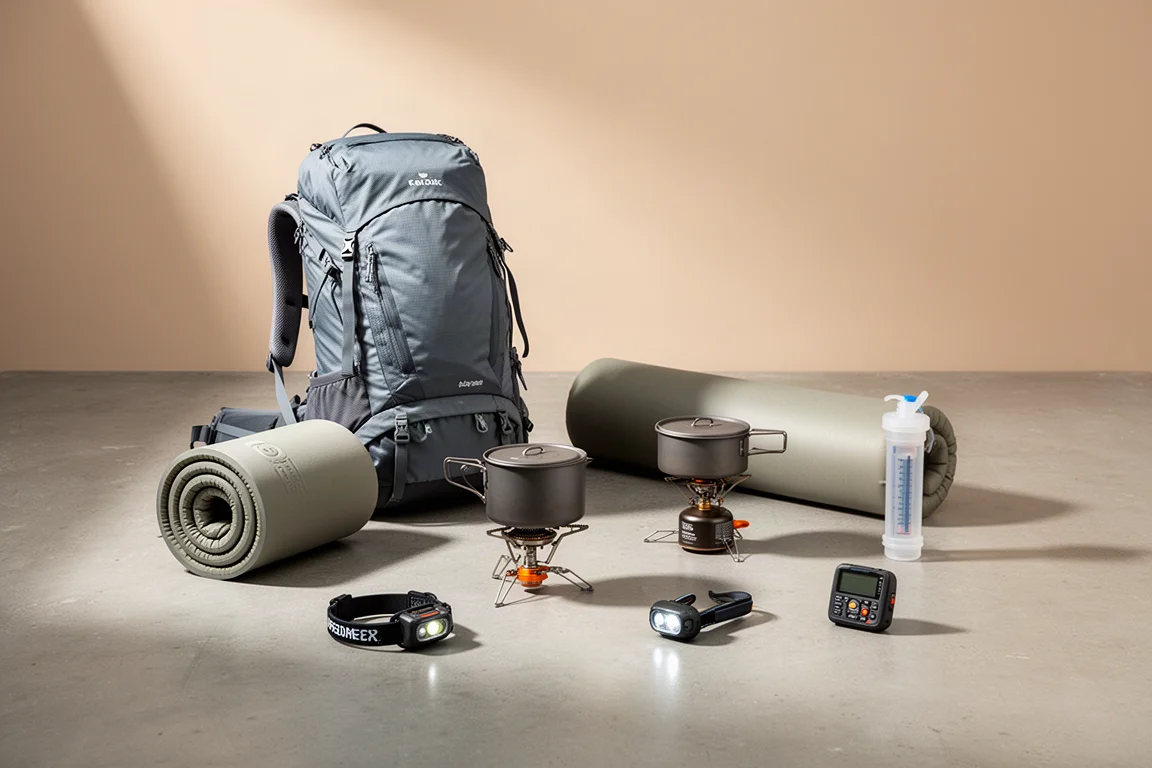 Ultralight backpacking gear arranged on a concrete surface for a gear guide