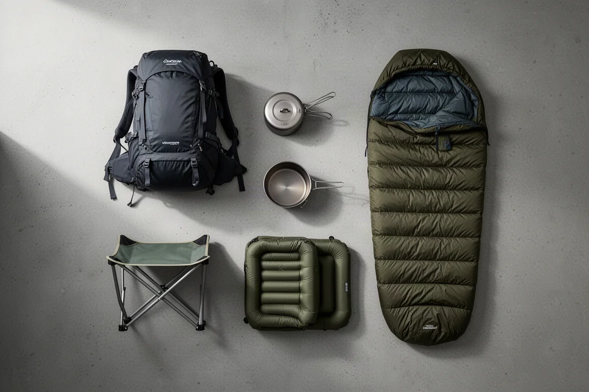Lekki sprzęt backpackingowy rozłożony na betonie, w tym worek na żywność, polar, zegarek, tarp, wędka i sling