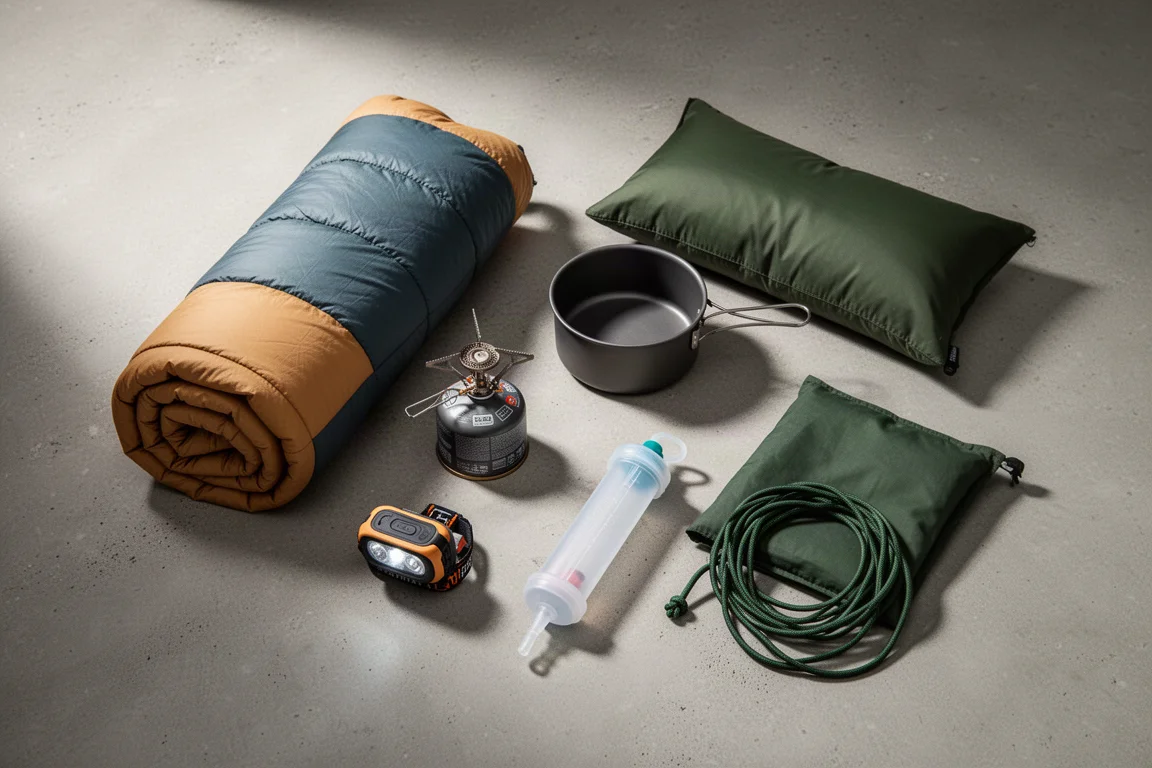 Overhead flat-lay of backpacking gear including quilt, stove, pot, headlamp, and filter on concrete