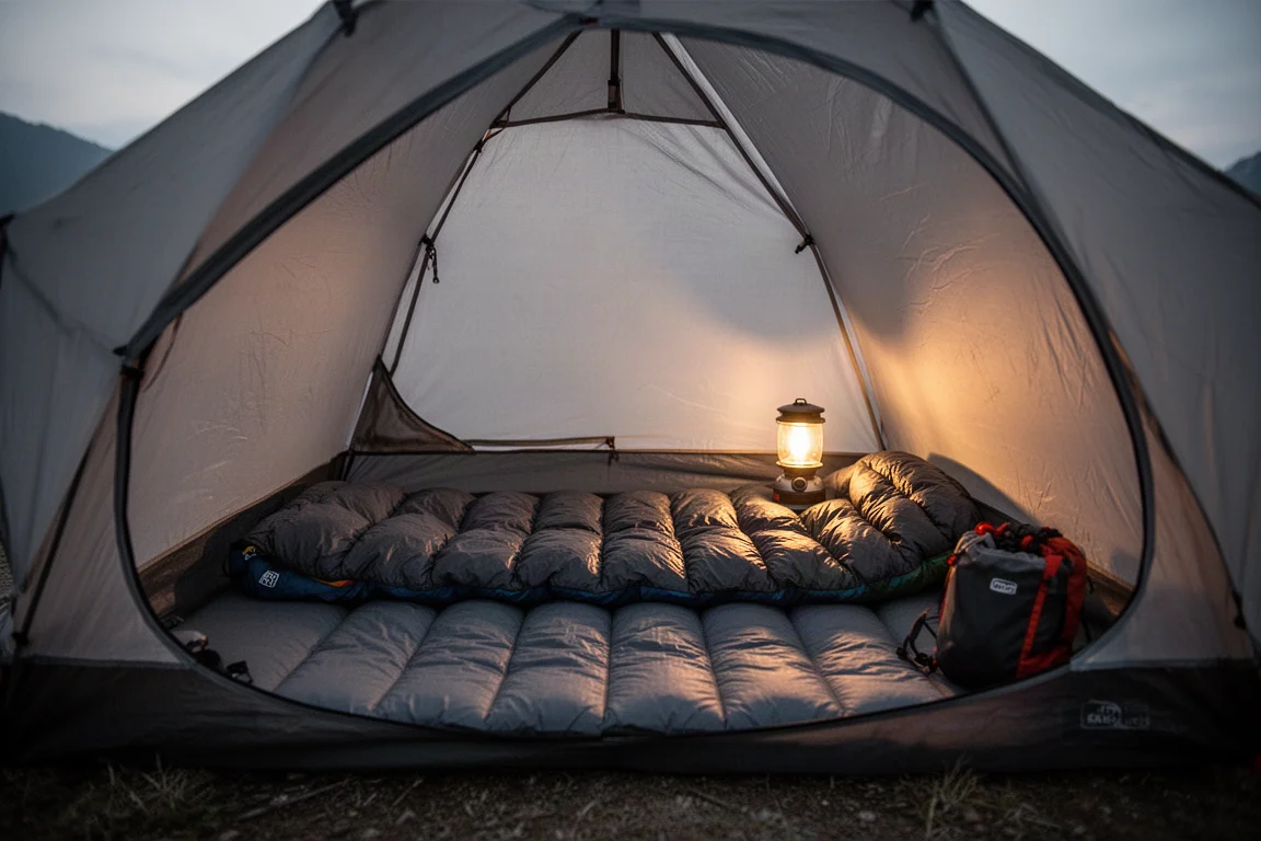 Slaapmat en donsquilt uitgespreid in een tent in de schemering bij warm lantaarnlicht