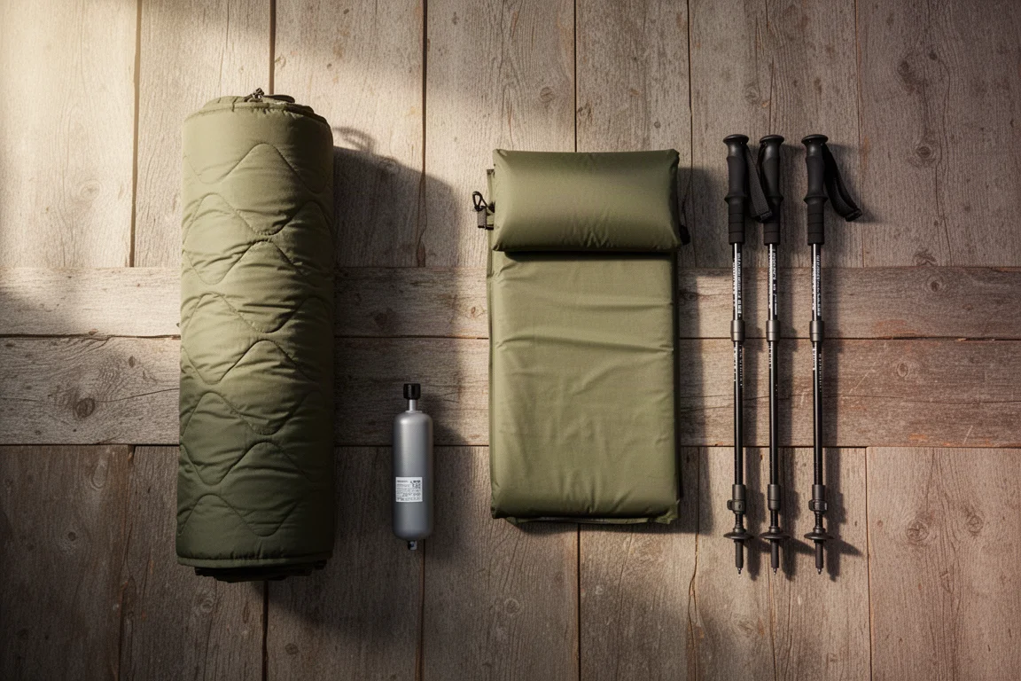 Plat bovenaanzicht van backpackingslaapuitrusting en trekkingpoles op verweerd hout