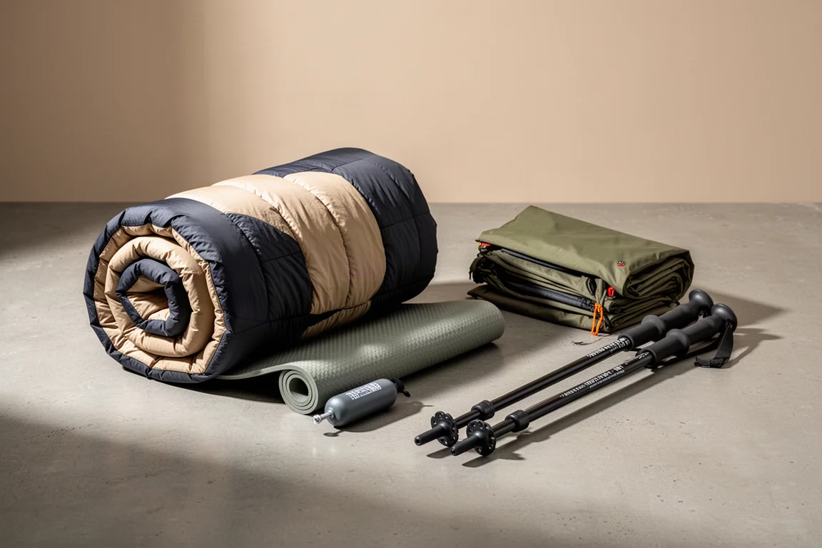 Ultralight backpacking sleep and shelter gear arranged on a concrete surface