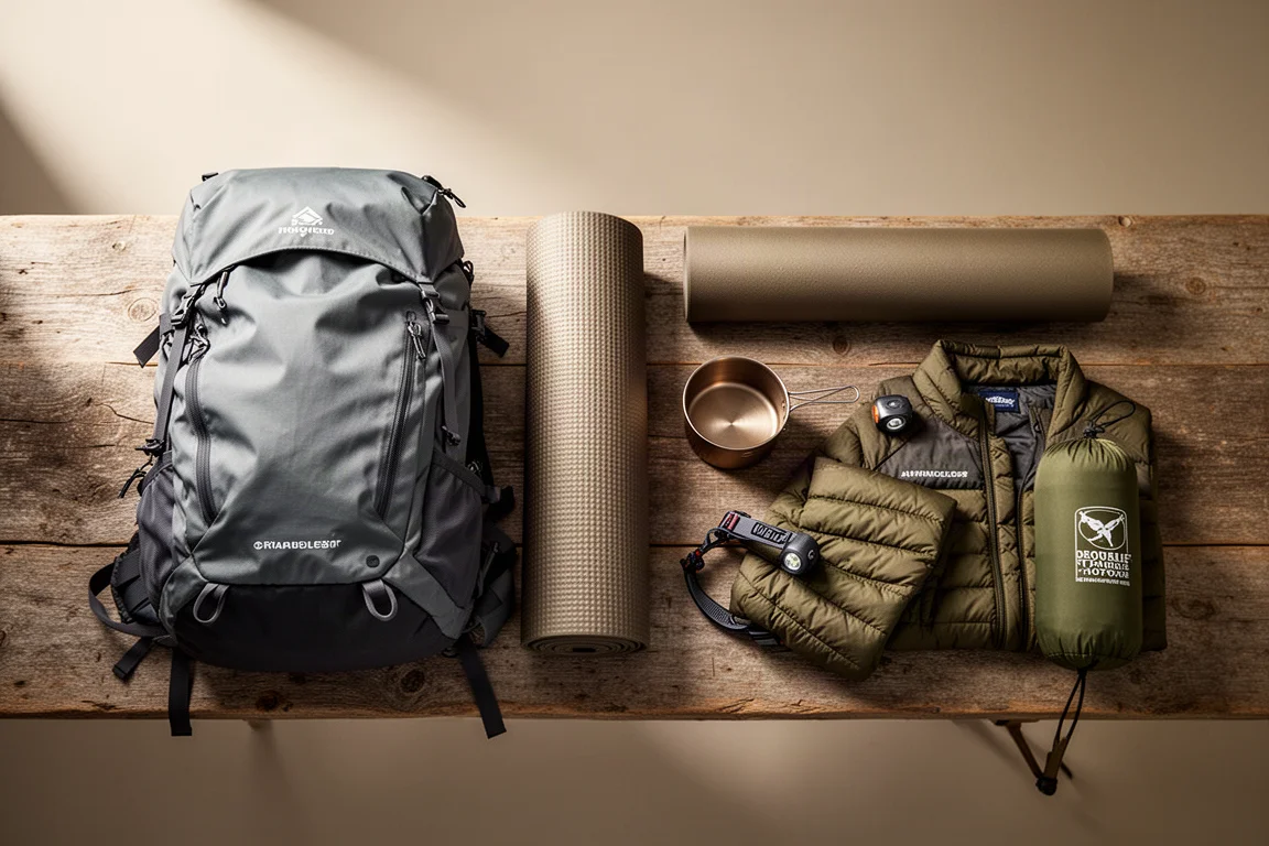 Overhead flat-lay of ultralight backpacking gear on weathered wood
