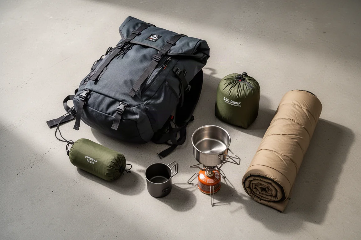 Flat-lay of backpacking gear including a roll-top pack, tent, mug, stove and quilt