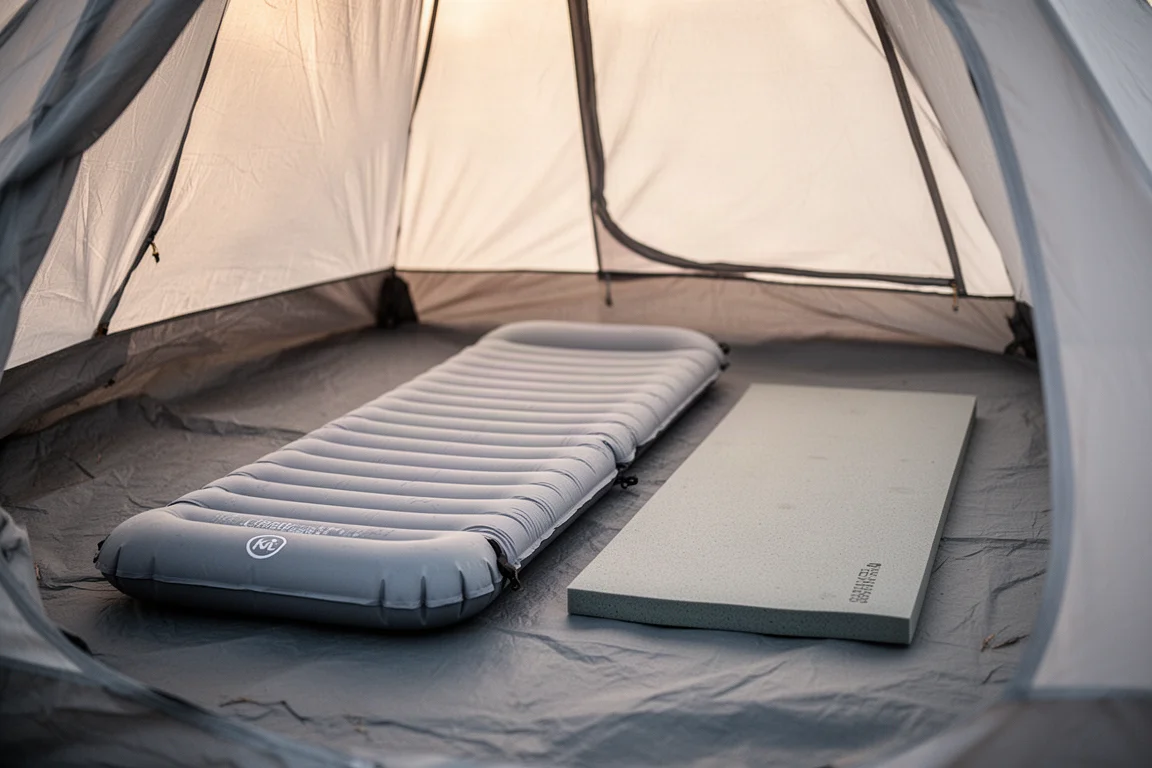 Materassino e quilt stesi all'interno di una tenda da backpacking all'alba