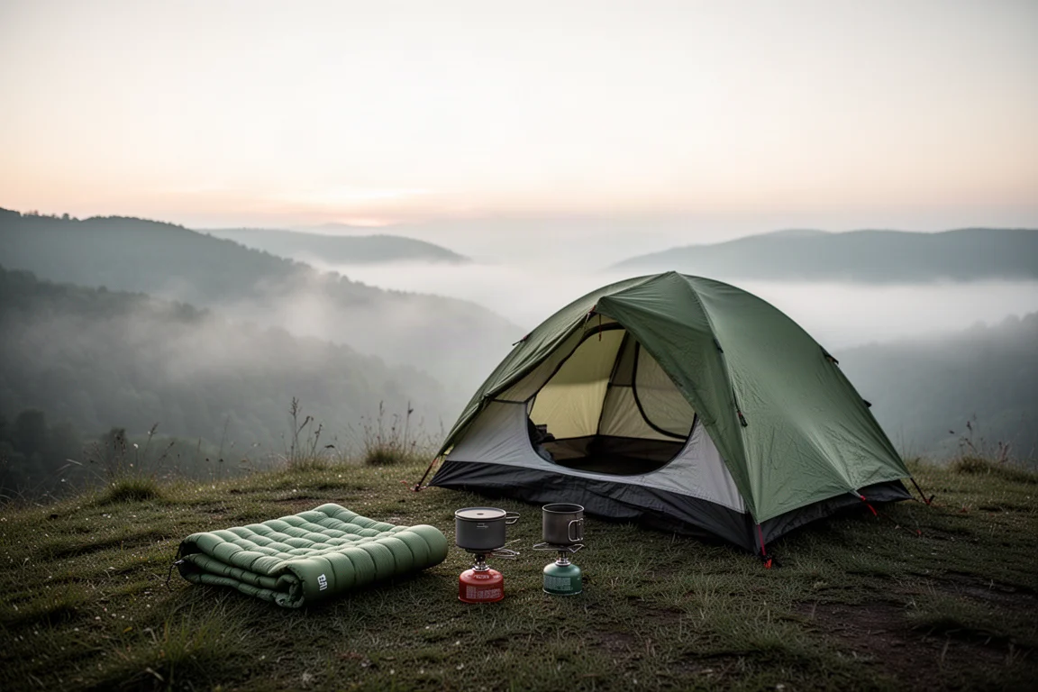 Backpacking camp at dusk in a desert canyon with a glowing tent and pack