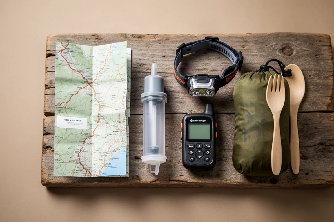 Overhead flat lay of a water bottle, drink mix sachet, map, and trail snacks