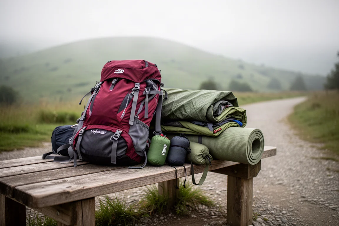 Campingausrüstung auf einer Holzbank neben einem offenen Rucksack ausgebreitet