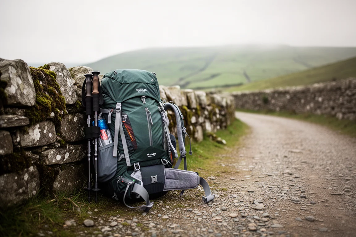 Bepackter Wanderrucksack lehnt an einer Steinmauer auf einem Schotterweg