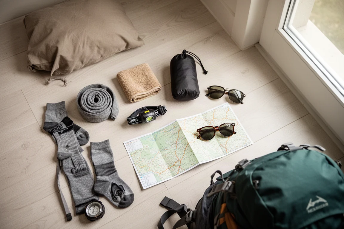 Flache Anordnung von Wanderutensilien neben einem Rucksack auf einem Holzboden