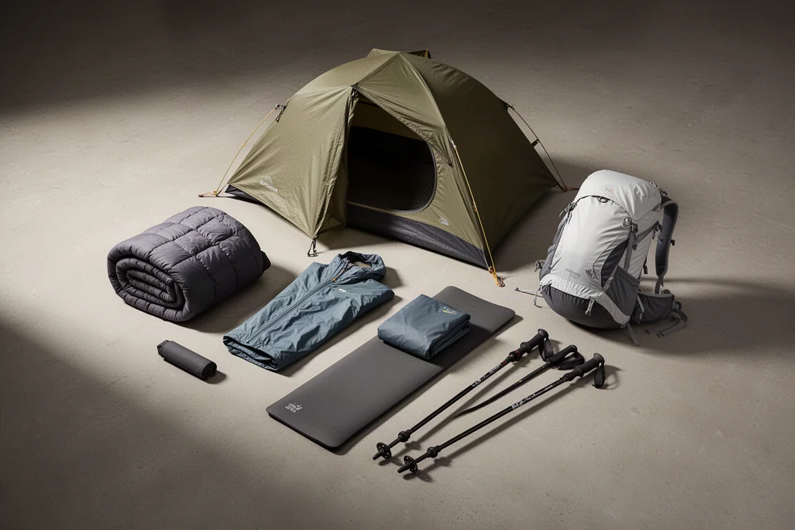 Lightweight backpacking gear arranged on a matte concrete surface