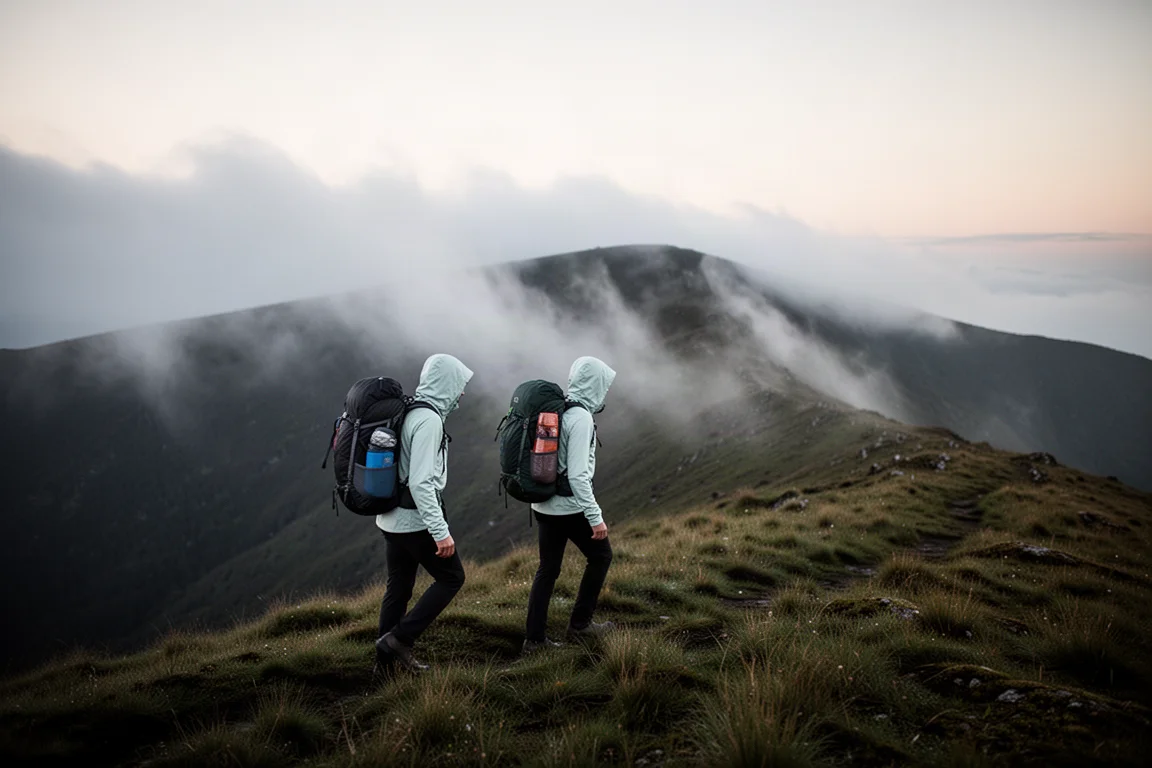 Wanderer mit bepacktem Rucksack läuft im Morgengrauen über einen nebligen Grat