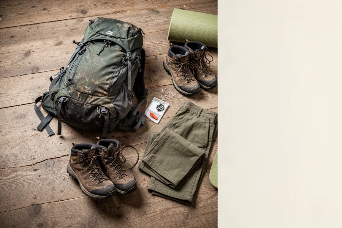Flat-Lay von oben: stark genutzte Trekking-Ausrüstung und ein Reparaturset auf Holz