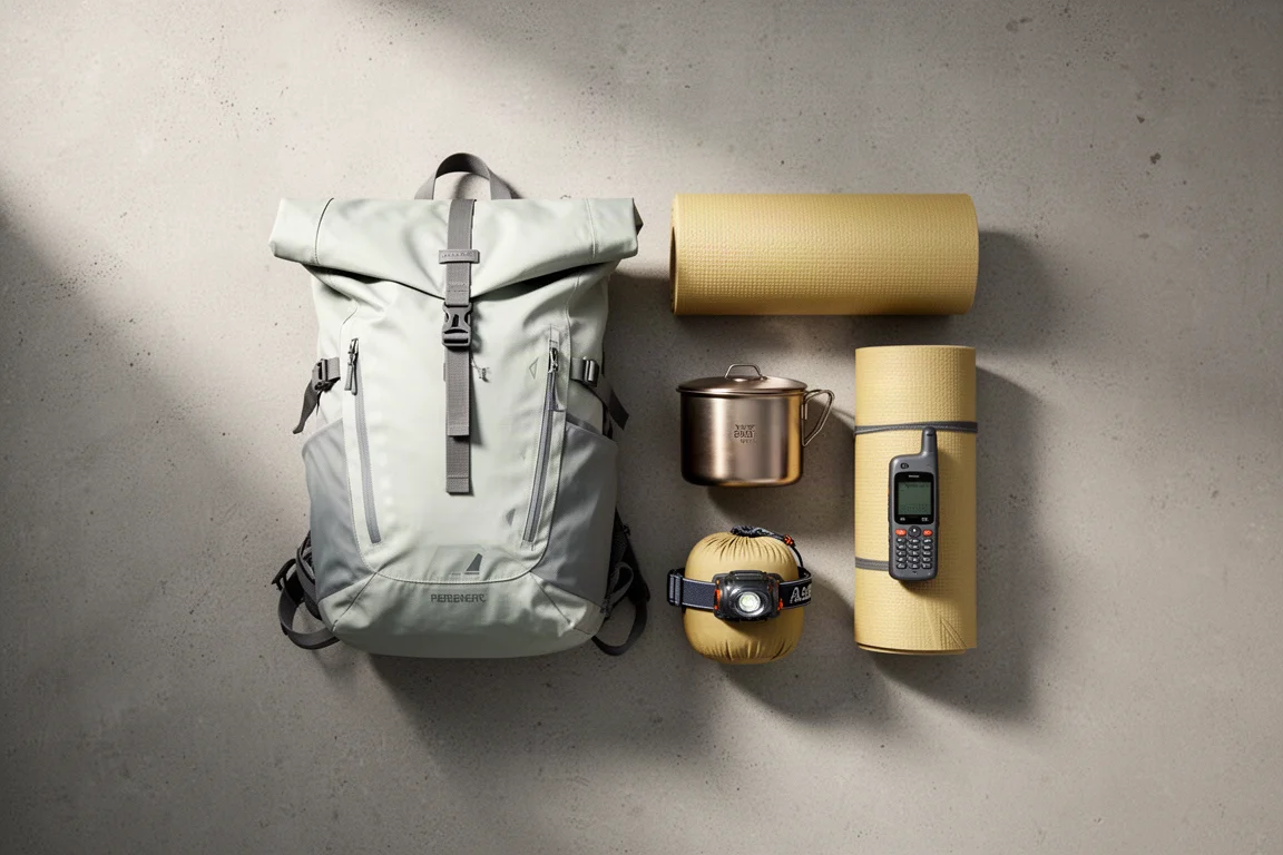 Flat-lay of lightweight backpacking gear on a matte concrete surface