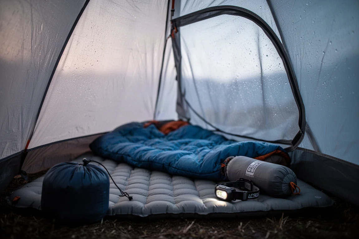 Geïsoleerde slaapmat en quilt in een tent bij het eerste licht