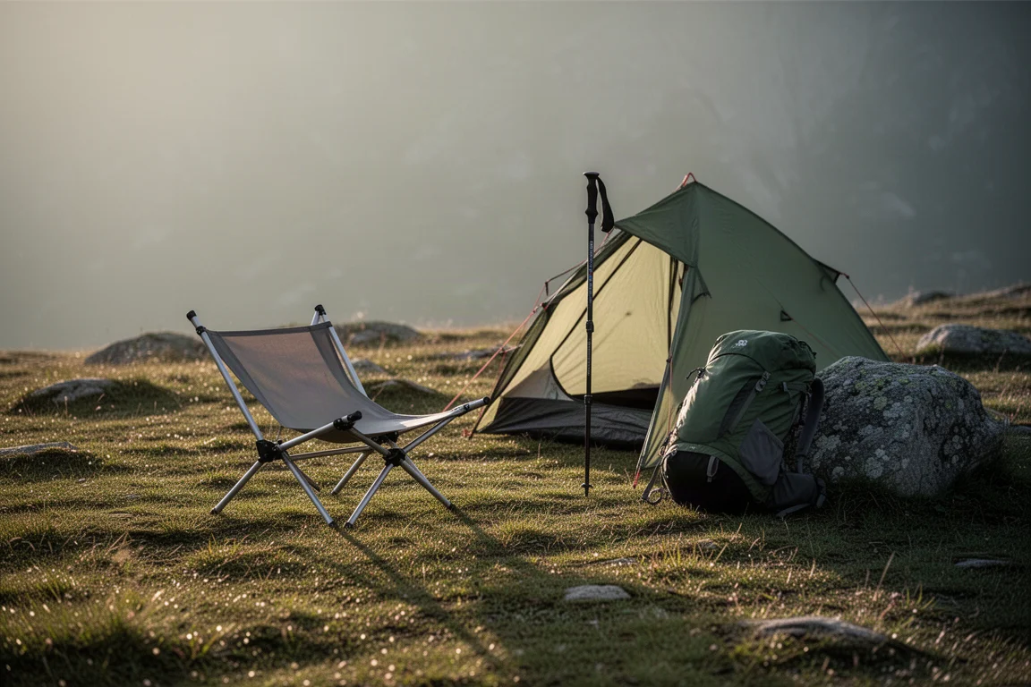 Kampeerstoel met trekkingstokken opgezet op oneffen gras op een camping