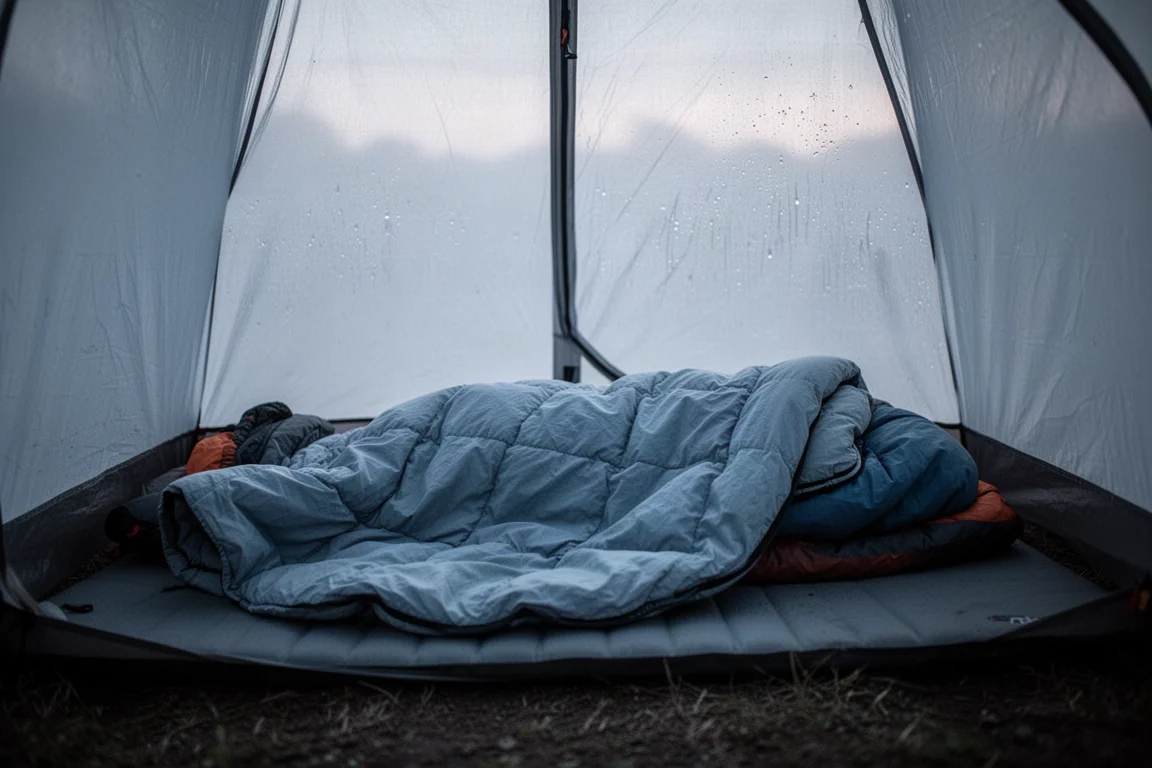 Breiter Quilt über eine Isomatte in einem kleinen Zelt im Morgengrauen gebreitet