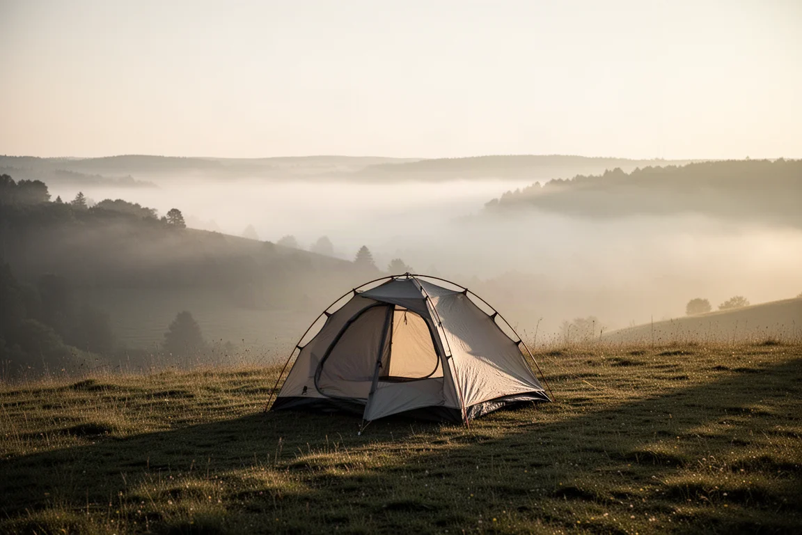 Kleines freistehendes Zelt auf einem grasbewachsenen Grat bei Sonnenaufgang mit Nebel darunter