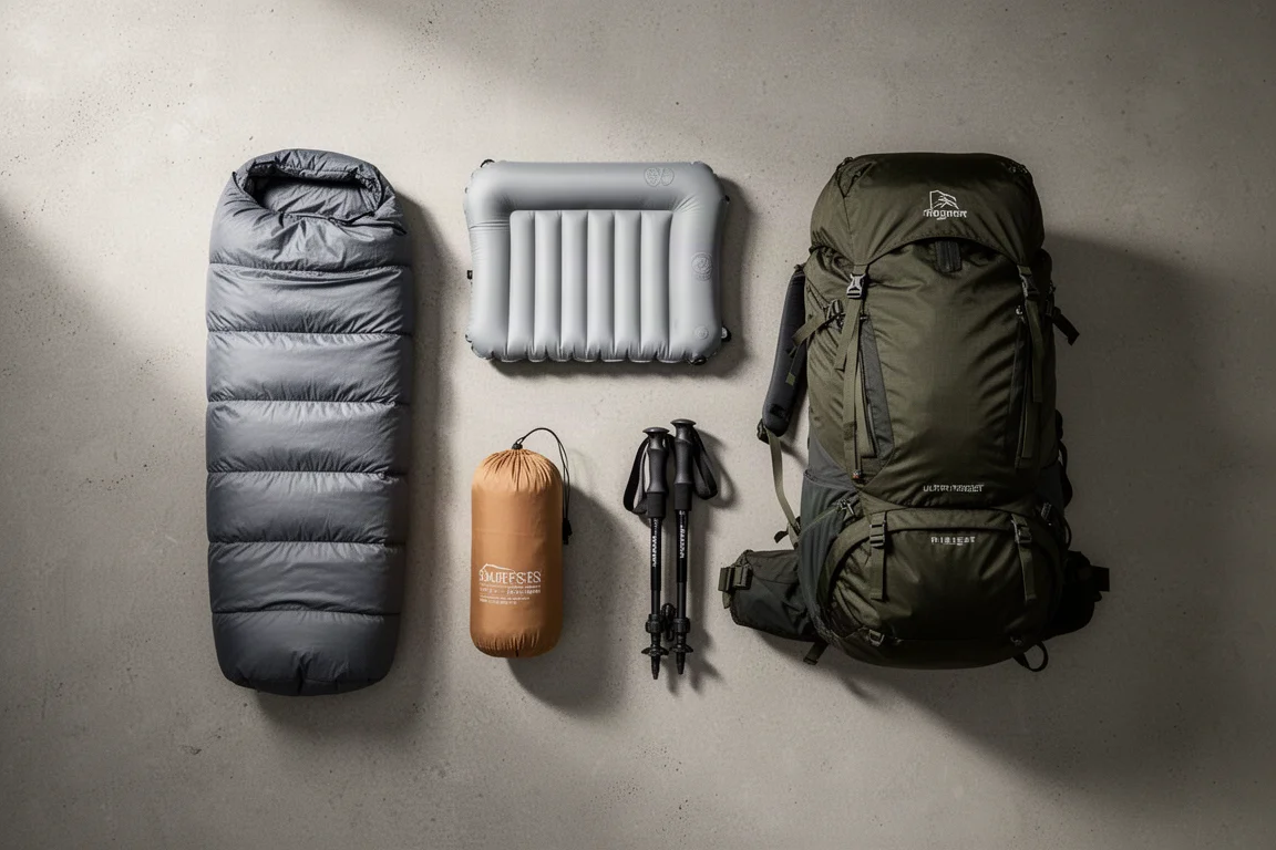 Ultralight backpacking quilt, sleeping pad, packed tent and hiking backpack laid out on concrete