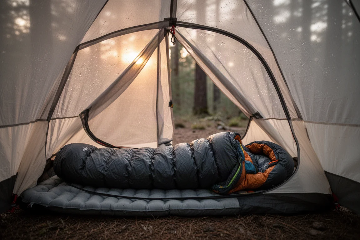 Low-profile two-person ultralight tent pitched on wet grass with water beading on the fly