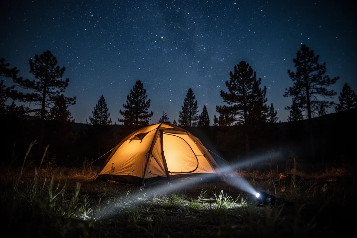 Inflated sleeping pad inside a small tent with a rolled down quilt beside it