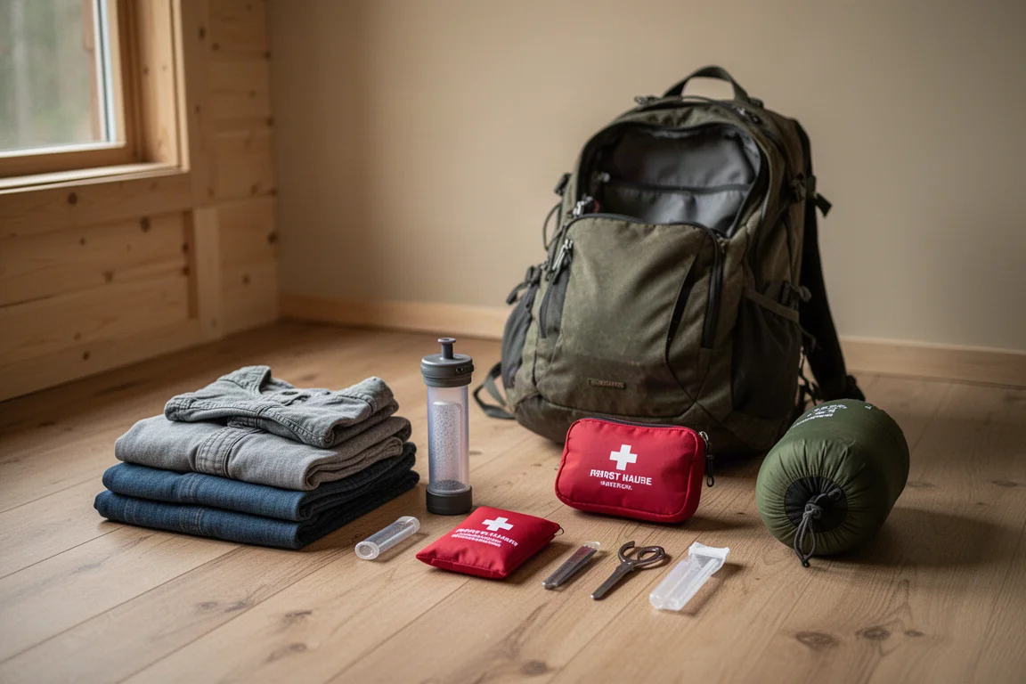 Overhead flat-lay of ultralight backpacking gear spaced on a concrete surface